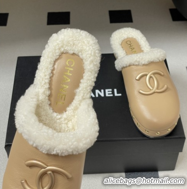 Buy Discount Chanel Calfskin Mules with Shearling CH102004 Beige 2025
