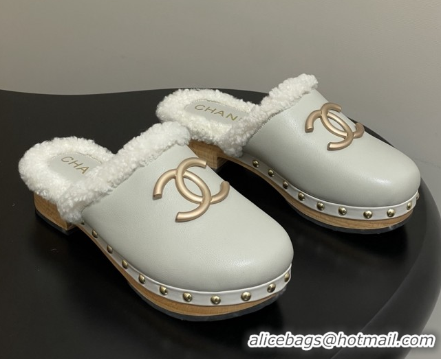 Low Price Chanel Calfskin Mules with Shearling CH102005 White
