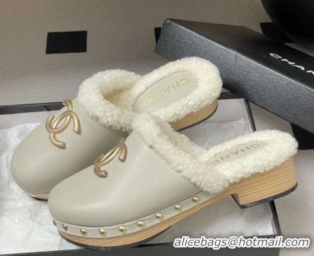 Low Price Chanel Calfskin Mules with Shearling CH102005 White