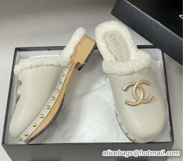 Low Price Chanel Calfskin Mules with Shearling CH102005 White