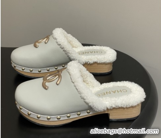 Low Price Chanel Calfskin Mules with Shearling CH102005 White