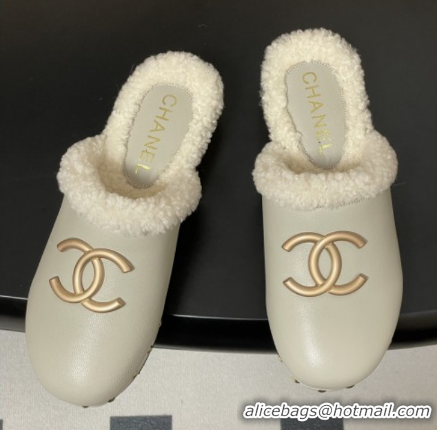 Low Price Chanel Calfskin Mules with Shearling CH102005 White