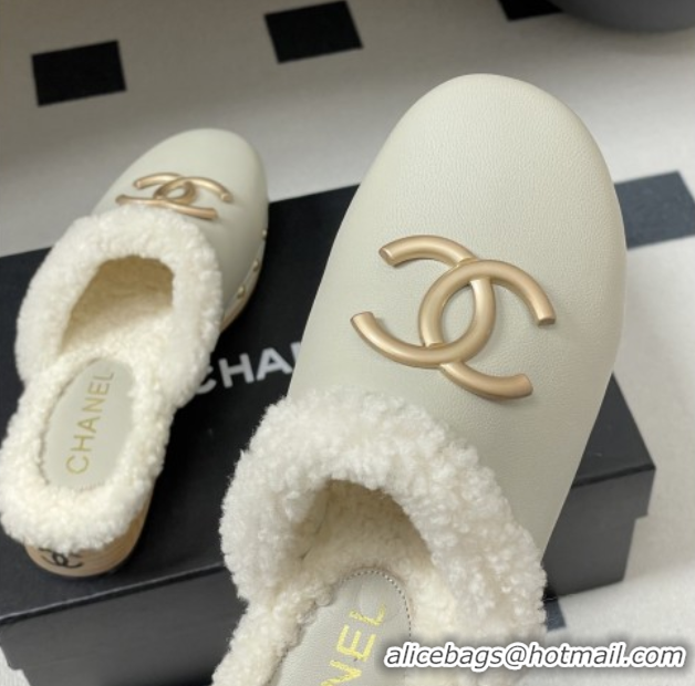 Low Price Chanel Calfskin Mules with Shearling CH102005 White