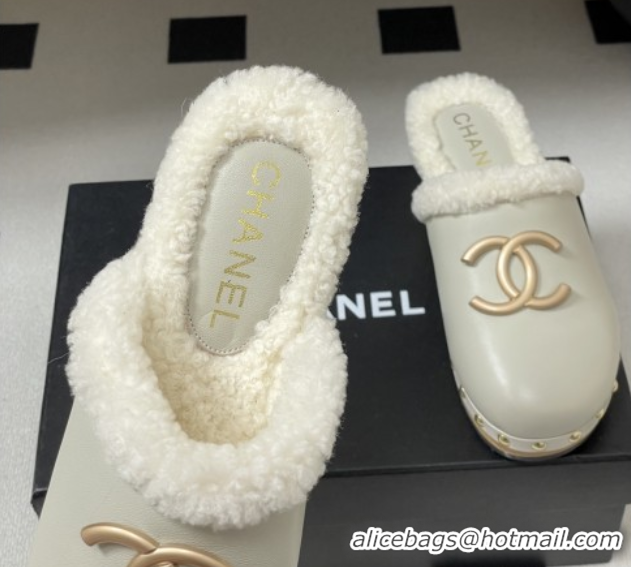 Low Price Chanel Calfskin Mules with Shearling CH102005 White