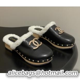 Big Discount Chanel Calfskin Mules with Shearling CH102006 Black 2025
