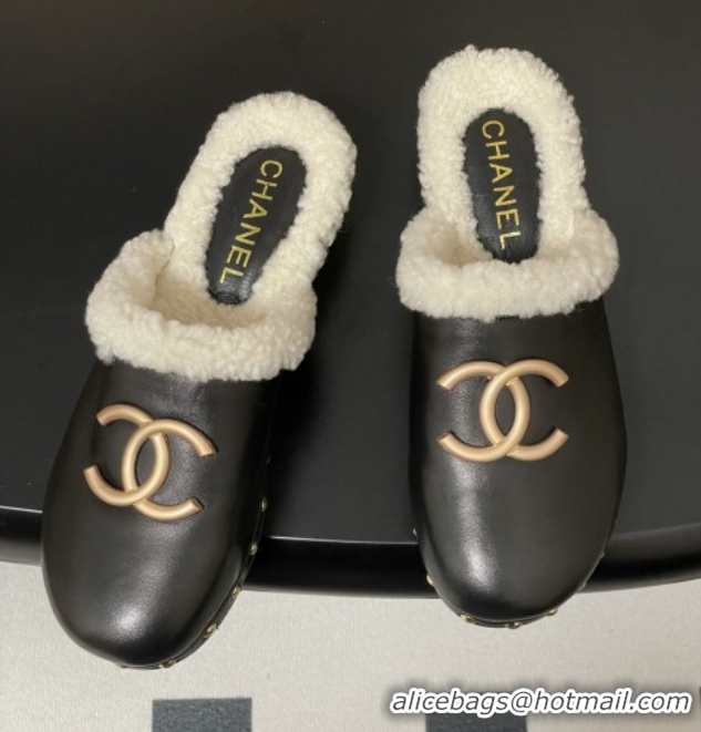 Big Discount Chanel Calfskin Mules with Shearling CH102006 Black 2025