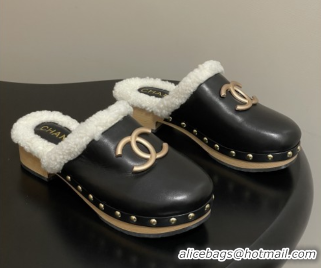 Big Discount Chanel Calfskin Mules with Shearling CH102006 Black 2025