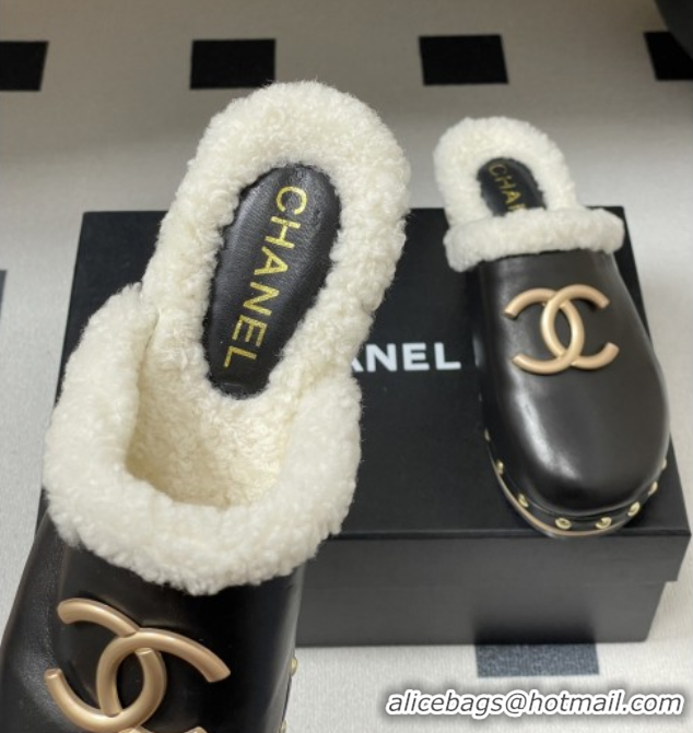 Big Discount Chanel Calfskin Mules with Shearling CH102006 Black 2025