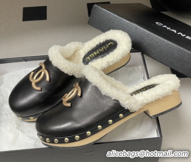 Big Discount Chanel Calfskin Mules with Shearling CH102006 Black 2025