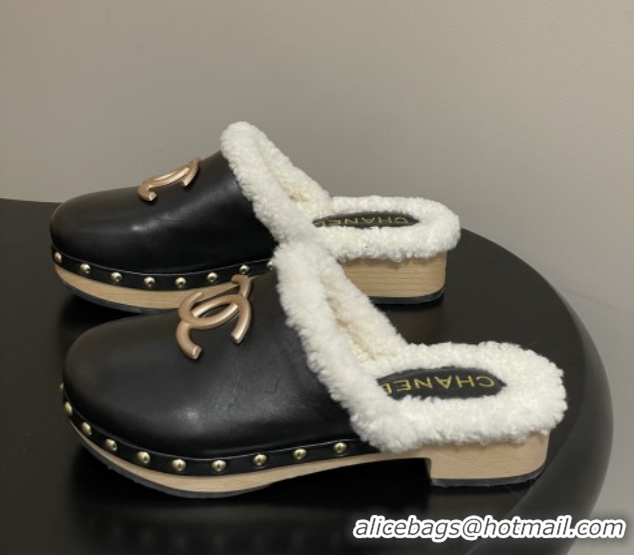 Big Discount Chanel Calfskin Mules with Shearling CH102006 Black 2025