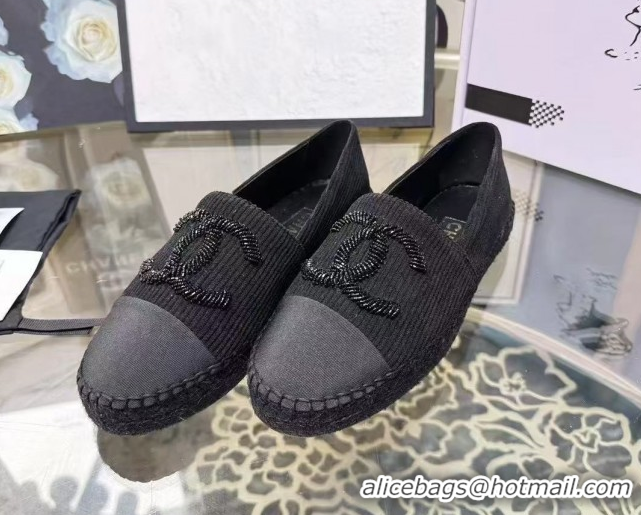 Trendy Design Chanel Corduroy & Grosgrain Flat Espadrilles Black 2025 G46515