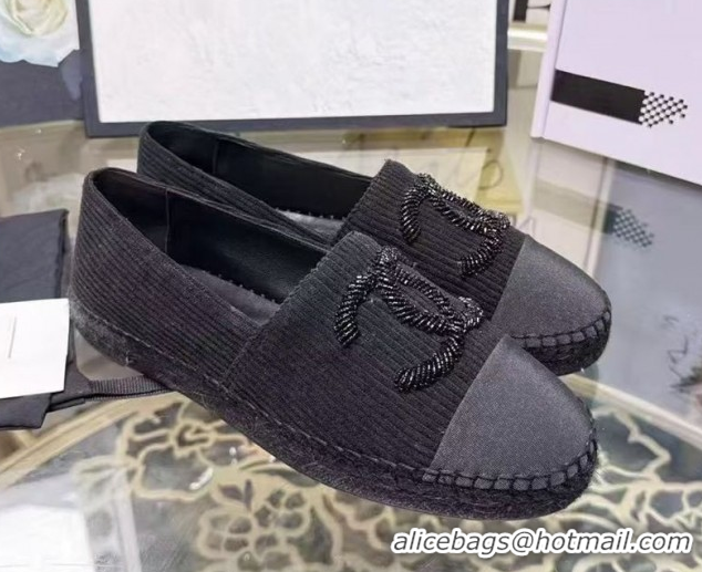 Trendy Design Chanel Corduroy & Grosgrain Flat Espadrilles Black 2025 G46515