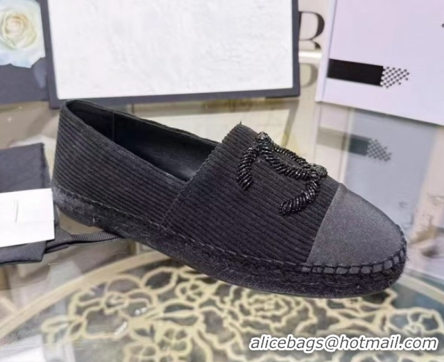 Trendy Design Chanel Corduroy & Grosgrain Flat Espadrilles Black 2025 G46515