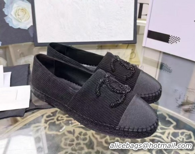 Trendy Design Chanel Corduroy & Grosgrain Flat Espadrilles Black 2025 G46515