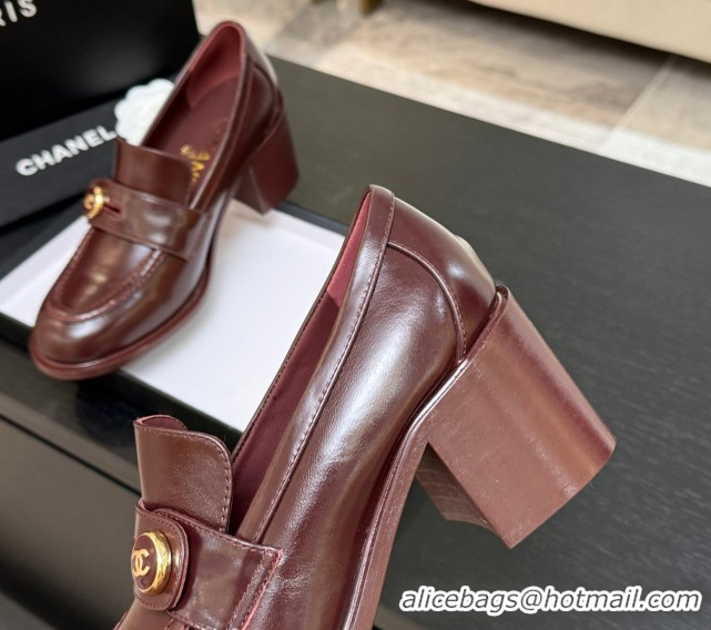 Perfect Chanel Shiny Calfskin Pumps 7cm with Button Strap Burgundy 2025 G46795