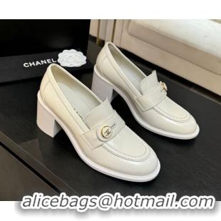 1:1 aaaaa Chanel Shiny Calfskin Pumps 7cm with Button Strap White 2025 G46795 1031089