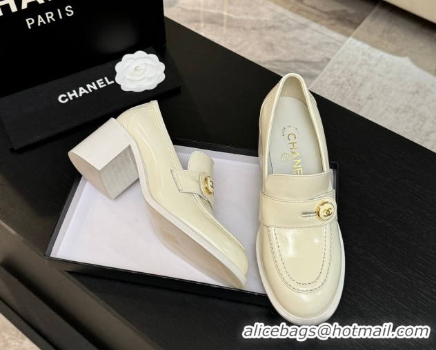 1:1 aaaaa Chanel Shiny Calfskin Pumps 7cm with Button Strap White 2025 G46795 1031089