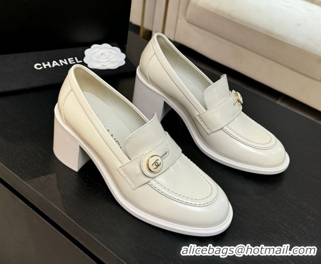 1:1 aaaaa Chanel Shiny Calfskin Pumps 7cm with Button Strap White 2025 G46795 1031089