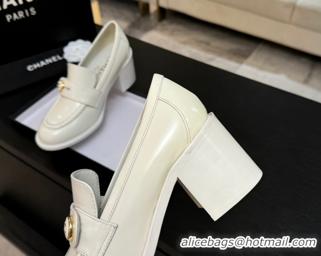 1:1 aaaaa Chanel Shiny Calfskin Pumps 7cm with Button Strap White 2025 G46795 1031089