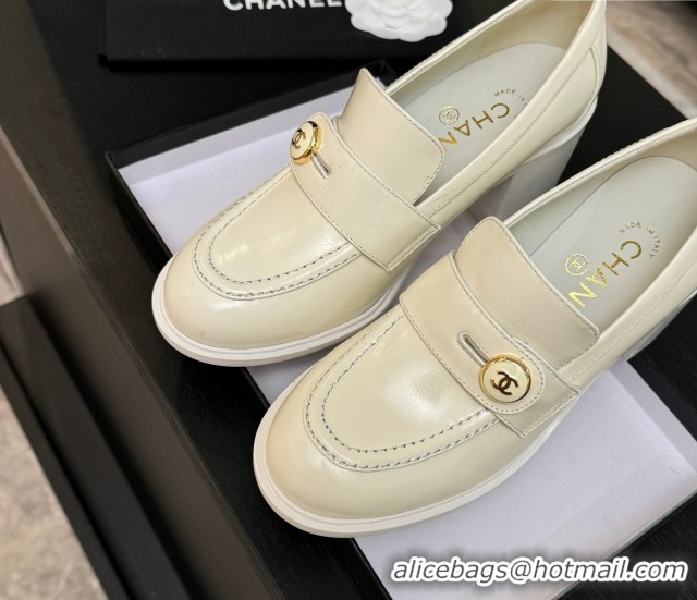1:1 aaaaa Chanel Shiny Calfskin Pumps 7cm with Button Strap White 2025 G46795 1031089