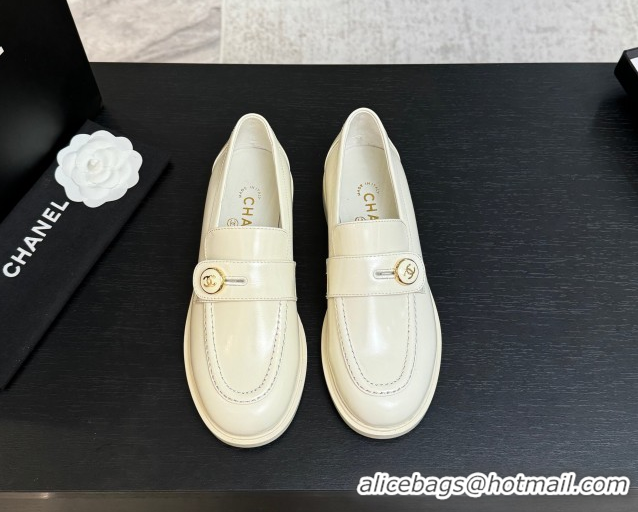 Sophisticated Chanel Shiny Calfskin Loafers with Button Strap White 2025 G46796 1031090