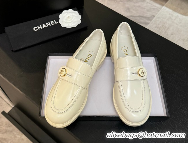 Sophisticated Chanel Shiny Calfskin Loafers with Button Strap White 2025 G46796 1031090