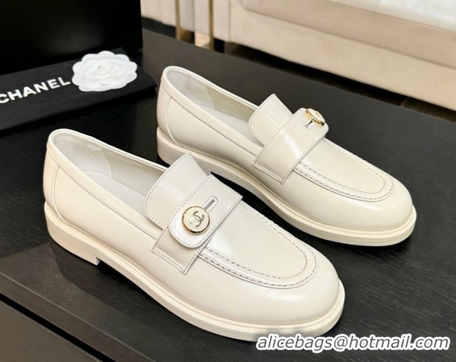 Sophisticated Chanel Shiny Calfskin Loafers with Button Strap White 2025 G46796 1031090