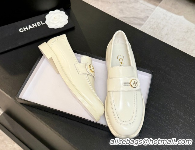 Sophisticated Chanel Shiny Calfskin Loafers with Button Strap White 2025 G46796 1031090