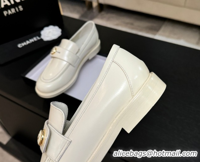 Sophisticated Chanel Shiny Calfskin Loafers with Button Strap White 2025 G46796 1031090