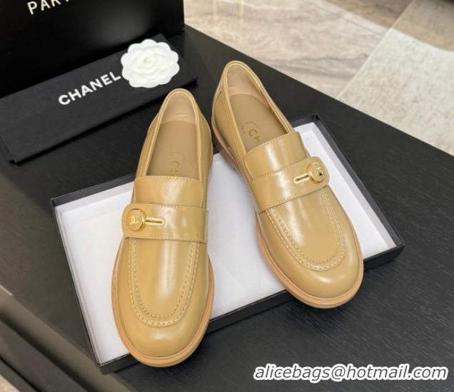 Classic Hot Chanel Shiny Calfskin Loafers with Button Strap Beige 2025 G46796 1031091