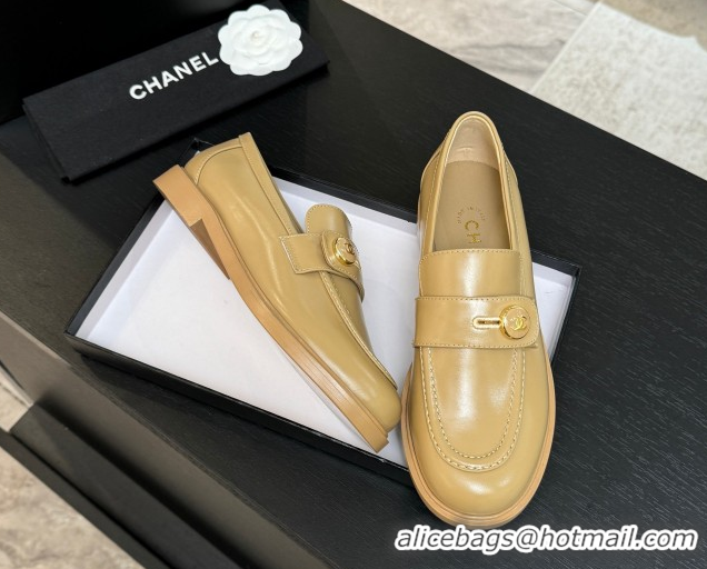 Classic Hot Chanel Shiny Calfskin Loafers with Button Strap Beige 2025 G46796 1031091