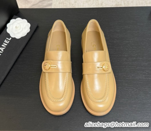 Classic Hot Chanel Shiny Calfskin Loafers with Button Strap Beige 2025 G46796 1031091