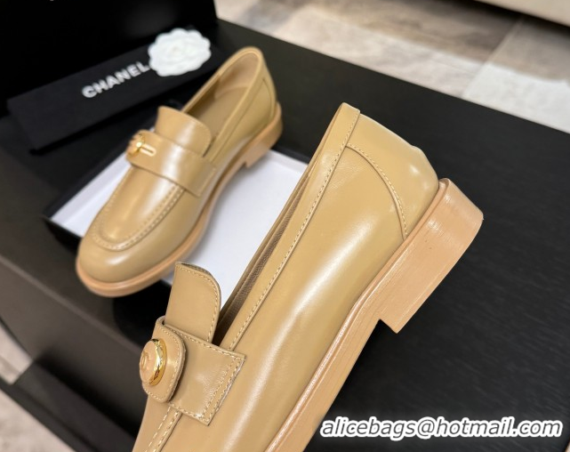 Classic Hot Chanel Shiny Calfskin Loafers with Button Strap Beige 2025 G46796 1031091