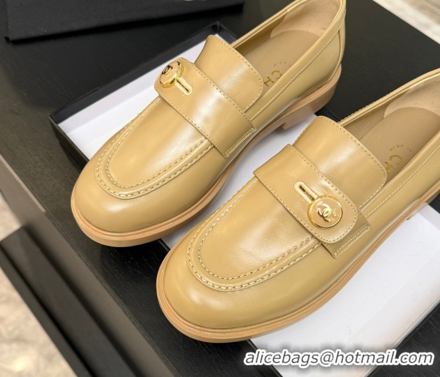 Classic Hot Chanel Shiny Calfskin Loafers with Button Strap Beige 2025 G46796 1031091