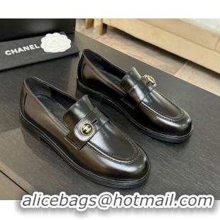 Grade Chanel Shiny Calfskin Loafers with Button Strap Black 2025 G46796 1031092