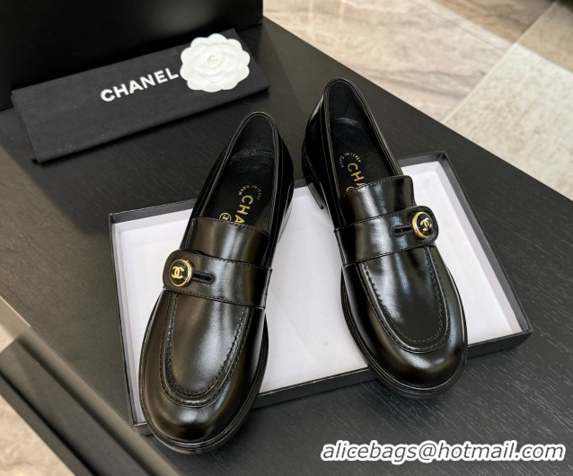 Grade Chanel Shiny Calfskin Loafers with Button Strap Black 2025 G46796 1031092