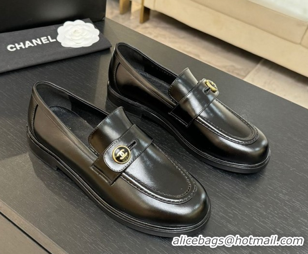 Grade Chanel Shiny Calfskin Loafers with Button Strap Black 2025 G46796 1031092