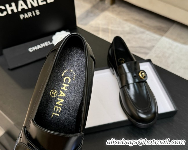 Grade Chanel Shiny Calfskin Loafers with Button Strap Black 2025 G46796 1031092