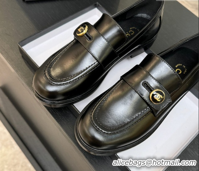 Grade Chanel Shiny Calfskin Loafers with Button Strap Black 2025 G46796 1031092