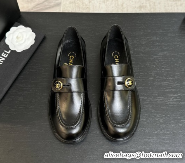 Grade Chanel Shiny Calfskin Loafers with Button Strap Black 2025 G46796 1031092