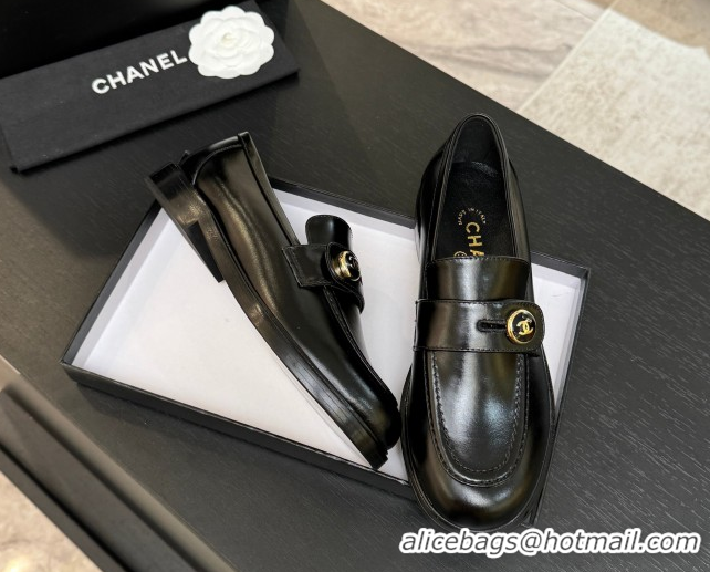 Grade Chanel Shiny Calfskin Loafers with Button Strap Black 2025 G46796 1031092