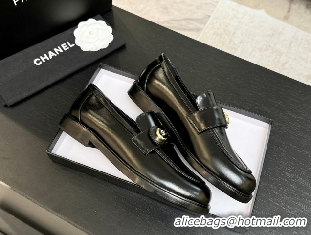 Grade Chanel Shiny Calfskin Loafers with Button Strap Black 2025 G46796 1031092