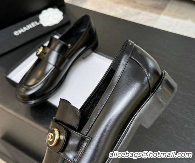 Grade Chanel Shiny Calfskin Loafers with Button Strap Black 2025 G46796 1031092