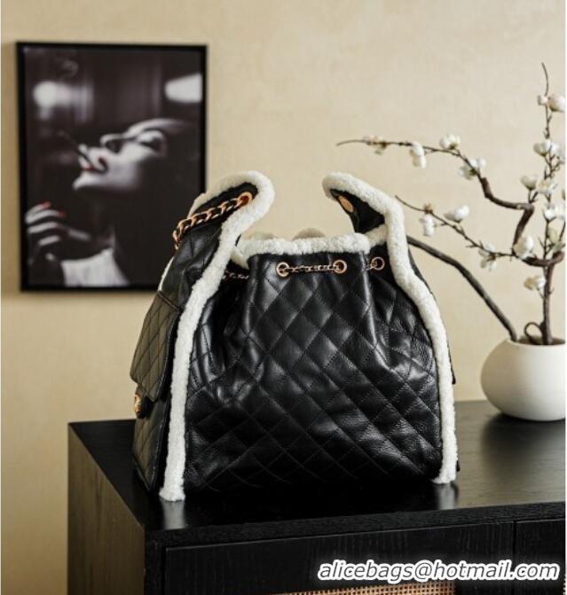 Super Quality Chanel Quilted Calfskin 25 Medium Handbag with Shearling AS5311 Black/White 2025