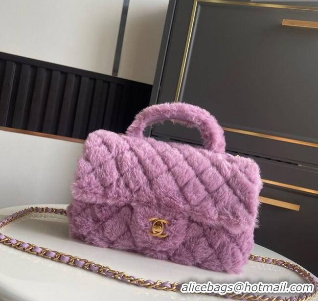 New Fashion Chanel Rabbit Fur Mini Classic Handbag With Top Handle AS2431 Purple 2025