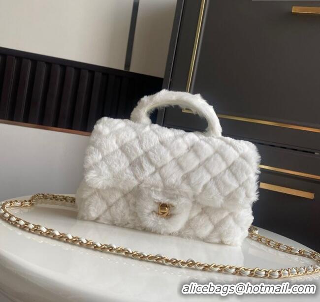 Luxury Cheap Chanel Rabbit Fur Mini Classic Handbag With Top Handle AS2431 White 2025