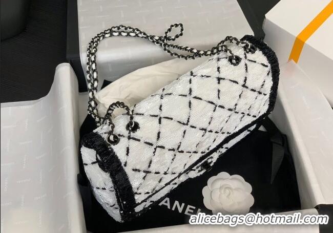New Release Creation Chanel Sequins Large Flap Bag AS4063 Black/White 2025
