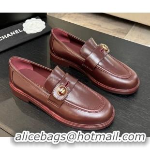 Popular Style Chanel Shiny Calfskin Loafers with Button Strap Burgundy 2025 G46796 1031093