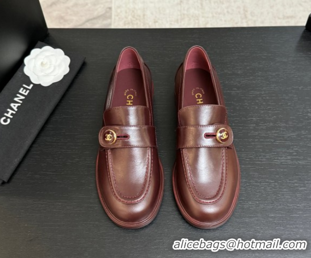 Popular Style Chanel Shiny Calfskin Loafers with Button Strap Burgundy 2025 G46796 1031093
