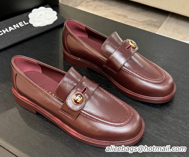 Popular Style Chanel Shiny Calfskin Loafers with Button Strap Burgundy 2025 G46796 1031093